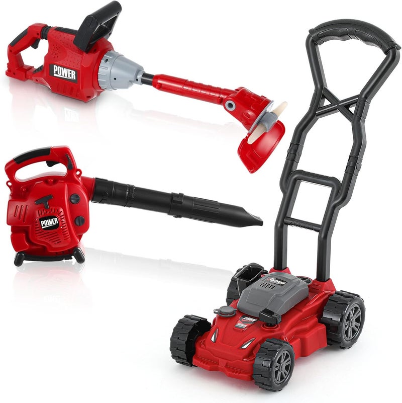 Arrowbash 3 Pcs Toy Gardening Tool Set for Kids Toy Leaf Blower Weed Trimmer Push Lawn Mower Pretend Play Set with Lights and Sounds Christmas Birthday Gifts for Boys Girls - Image 1